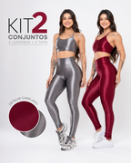 [ULTIMAS UNIDADES] 2 Conjuntos Fitness Feminino - Tops + Leggings Brilhosas Caneladas com Cós Alto, Fitness, Academia e Conforto