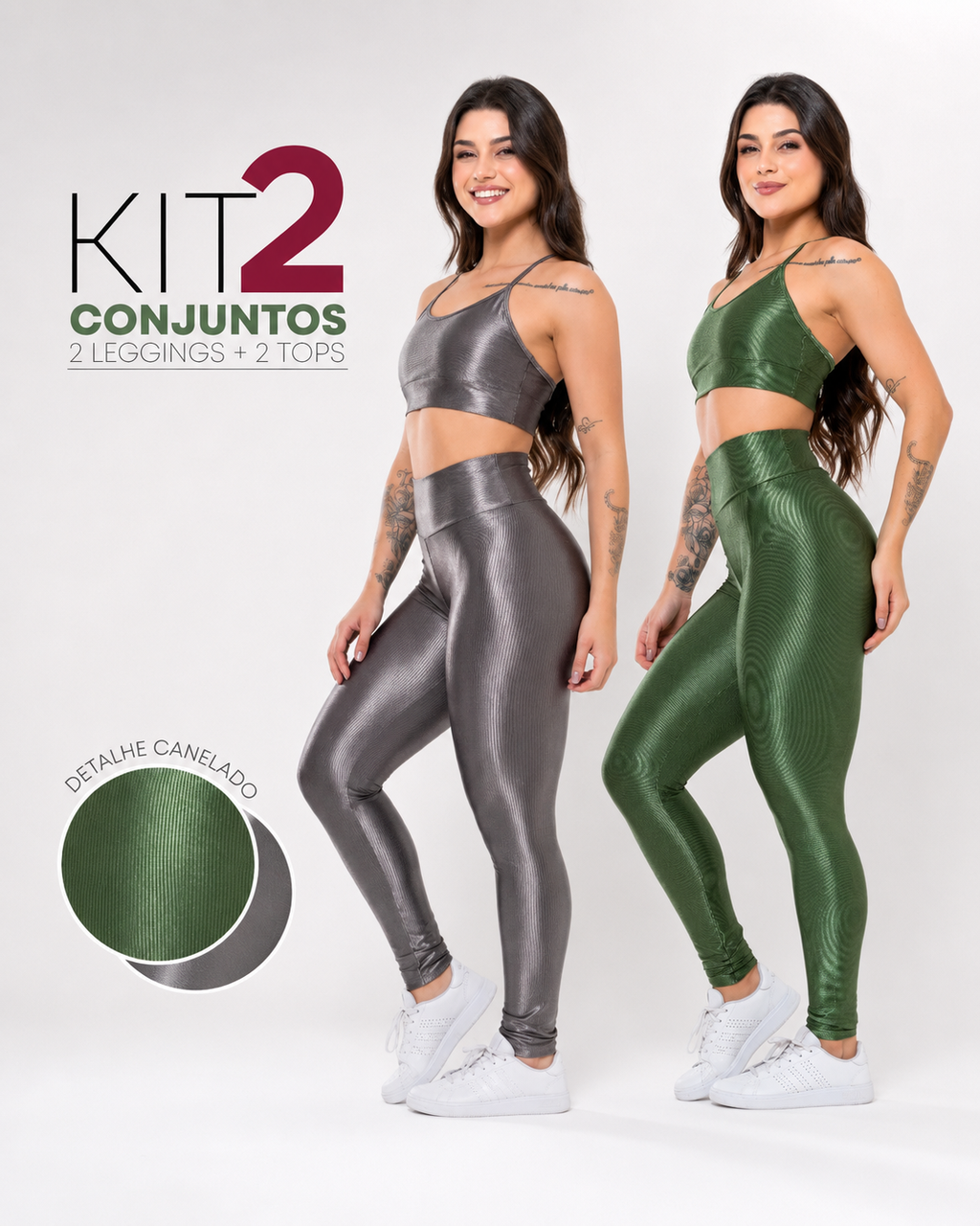 [ULTIMAS UNIDADES] 2 Conjuntos Fitness Feminino - Tops + Leggings Brilhosas Caneladas com Cós Alto, Fitness, Academia e Conforto