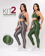 [ULTIMAS UNIDADES] 2 Conjuntos Fitness Feminino - Tops + Leggings Brilhosas Caneladas com Cós Alto, Fitness, Academia e Conforto