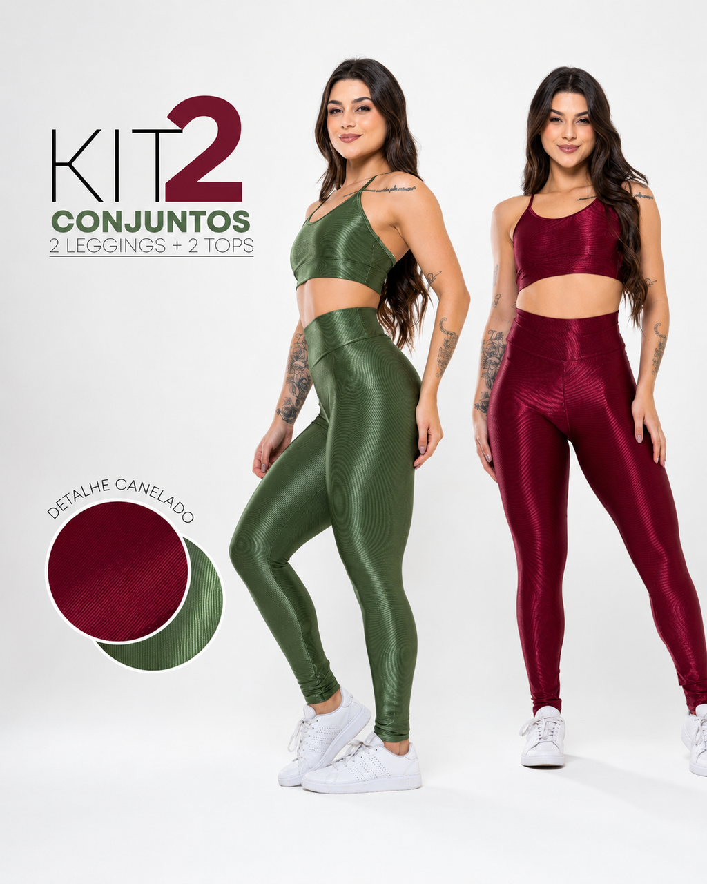 [ULTIMAS UNIDADES] 2 Conjuntos Fitness Feminino - Tops + Leggings Brilhosas Caneladas com Cós Alto, Fitness, Academia e Conforto
