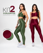 [ULTIMAS UNIDADES] 2 Conjuntos Fitness Feminino - Tops + Leggings Brilhosas Caneladas com Cós Alto, Fitness, Academia e Conforto