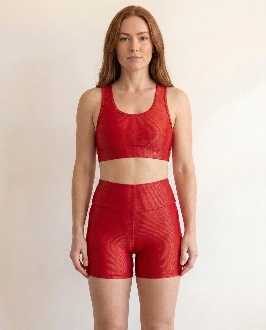 Conjunto Fitness Feminino Trilobal Canelado–Top Alcinha+Legging Cós Alto Modelador Brilhoso Academia