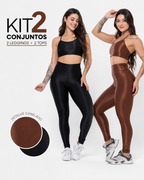 [ULTIMAS UNIDADES] 2 Conjuntos Fitness Feminino - Tops + Leggings Brilhosas Caneladas com Cós Alto, Fitness, Academia e Conforto