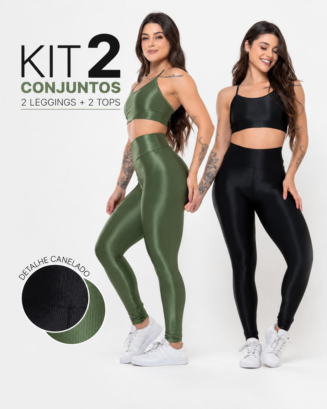 [ULTIMAS UNIDADES] 2 Conjuntos Fitness Feminino - Tops + Leggings Brilhosas Caneladas com Cós Alto, Fitness, Academia e Conforto